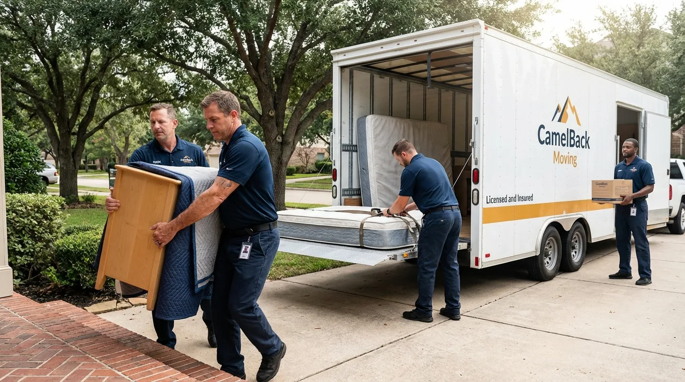 Crew loading residential truck for cross-state move from West Union, IA