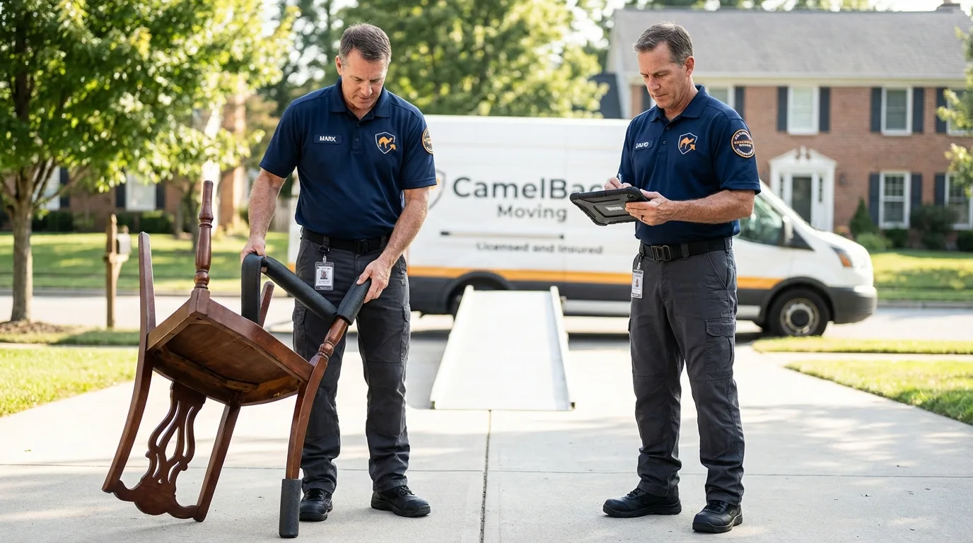 Movers inspecting furniture for damage prevention before loading in West Union, IA