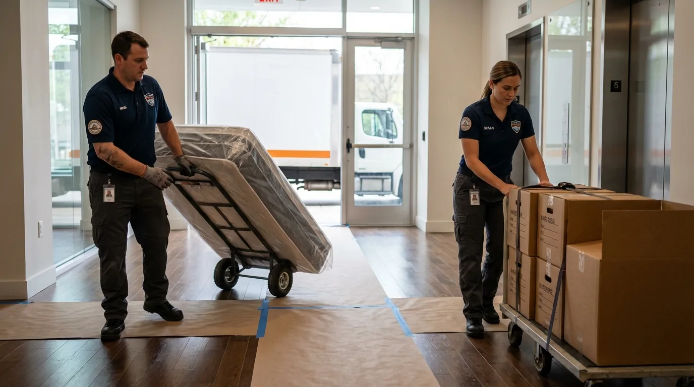 Professional apartment movers loading elevator in West Union, IA
